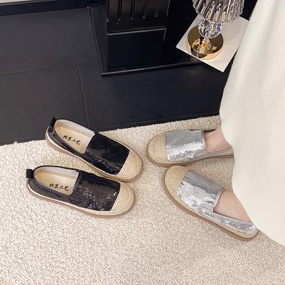 Туфли-лоферы женские из ткани с пайетками в стиле сяосянфэн, новинка весны 2025 года, льняные плетеные лоферы, женские повседневные дышащие туфли на плоской подошве