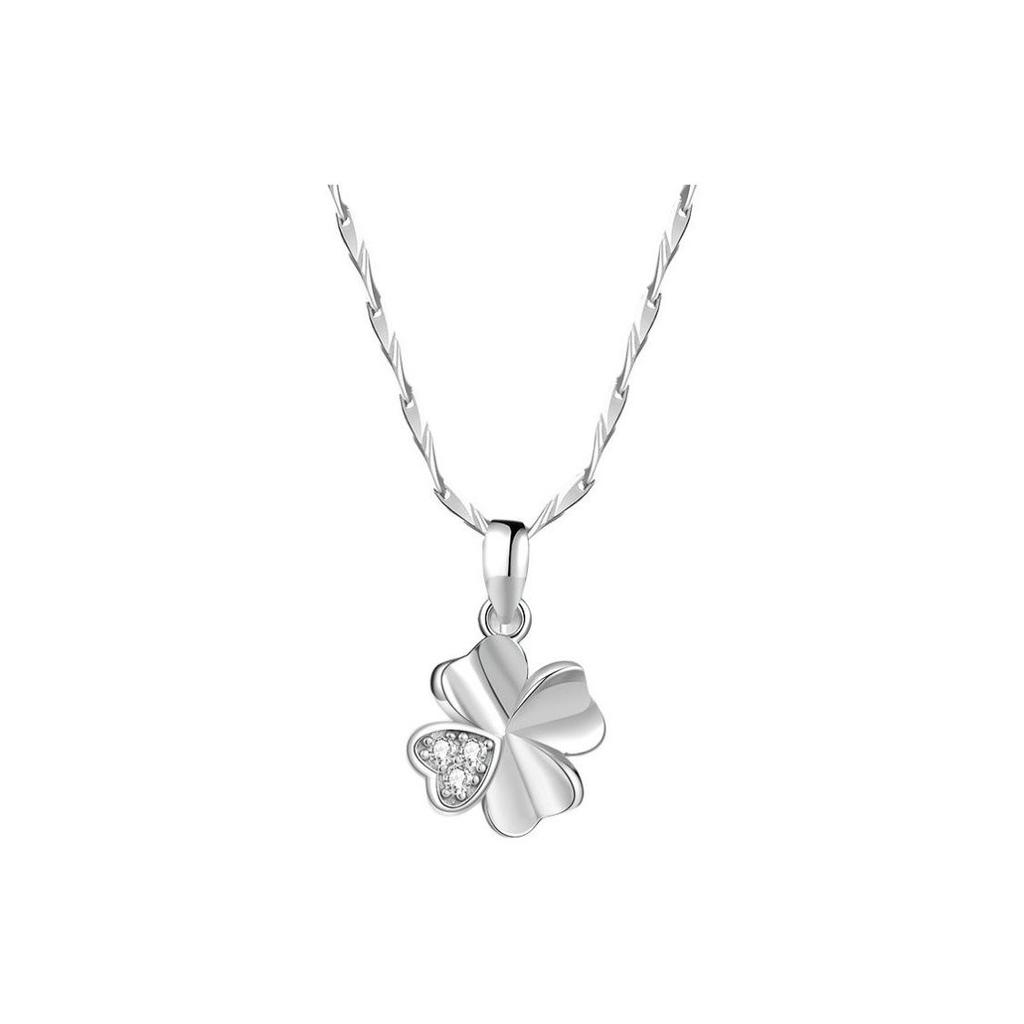 French Four-Leaf Clover Zircon Pendant Necklace - Elegant White Copper Clavicle Chain Jewelry.