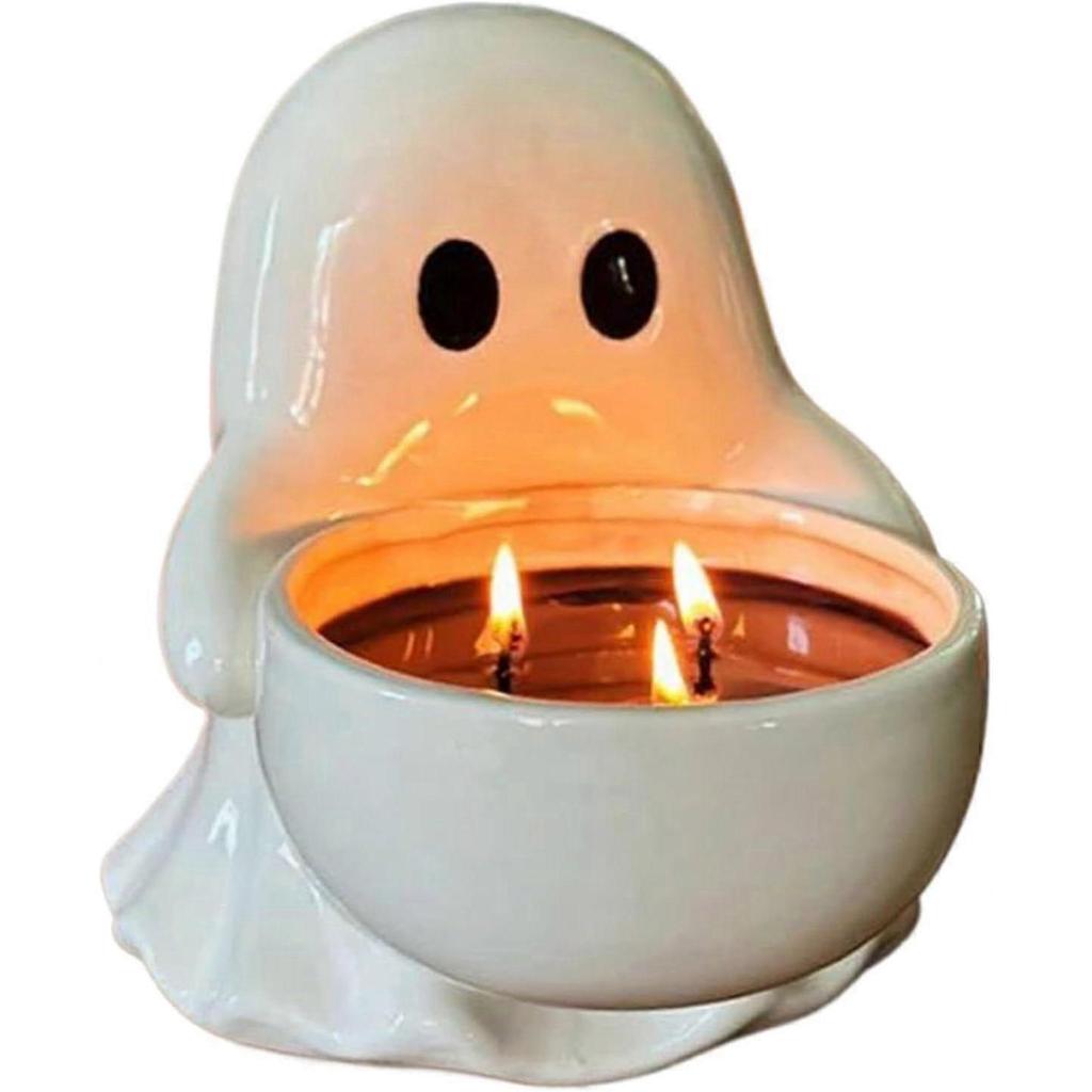 Ghost Candle Holder, Cute Ghost Shape Ceramic Candle Stand, Lightweight Build Halloween Decorative Candlestick Rack for Parties Tabletop, Halloween Ca
