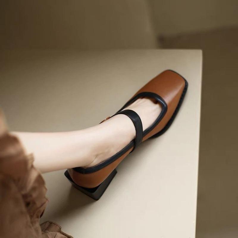 Новые женские туфли с заплатками на базе, туфли с квадратным носком, элегантные женские туфли на среднем каблуке с круглой пряжкой, дизайнерские