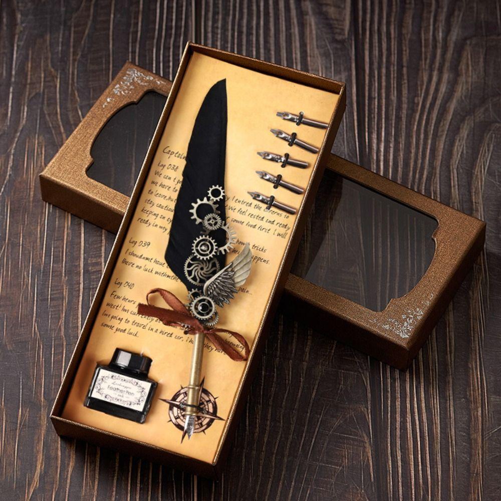 Pen Gift Boxed Dipped ink pen Fountain Pen with Ink Quill Feather Dip Pen with 5 Nib Set