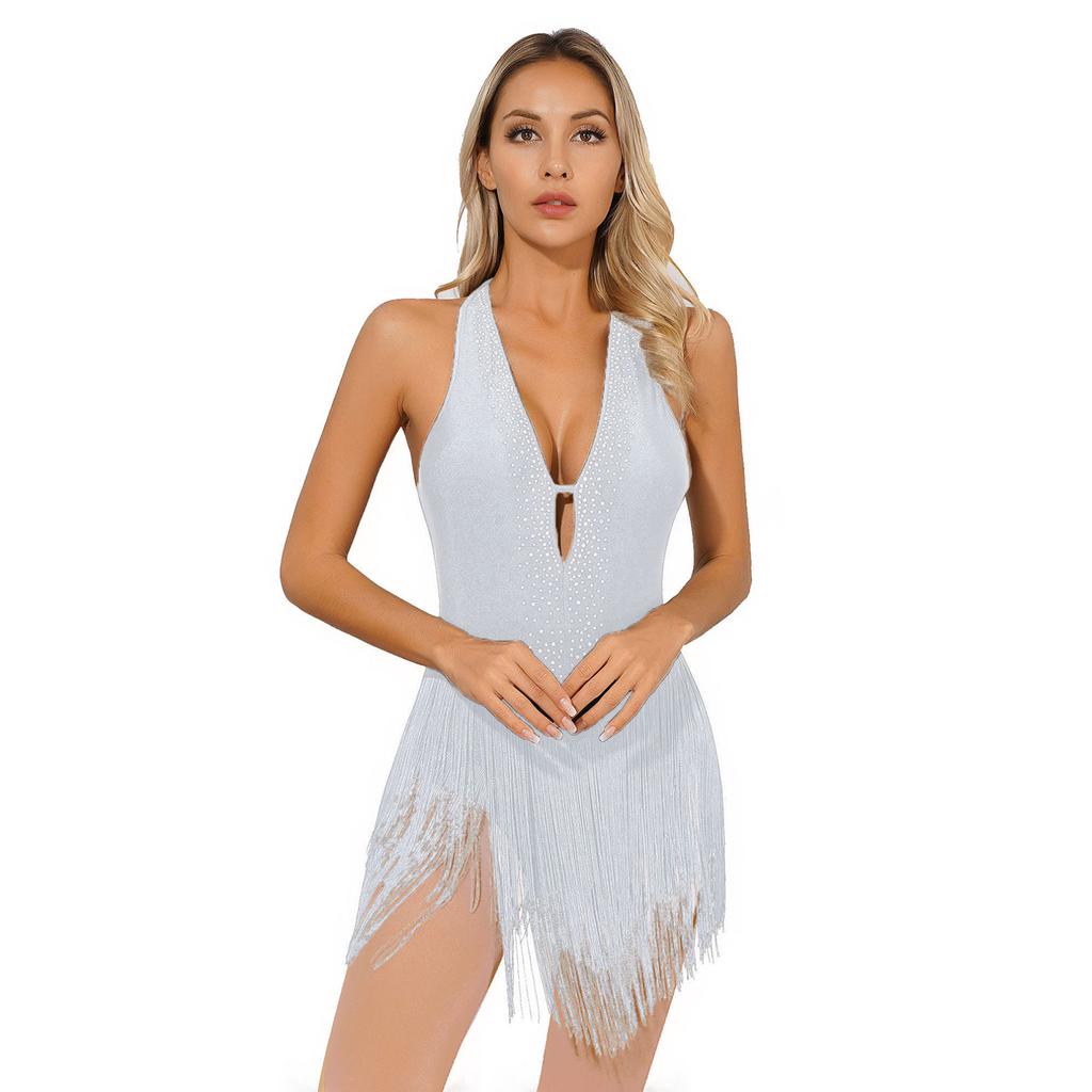 Women's Shiny Rhinestone Tassel Latin Jazz Ballroom Lyrical Dance Dress Fringed Leotard Bodysuit