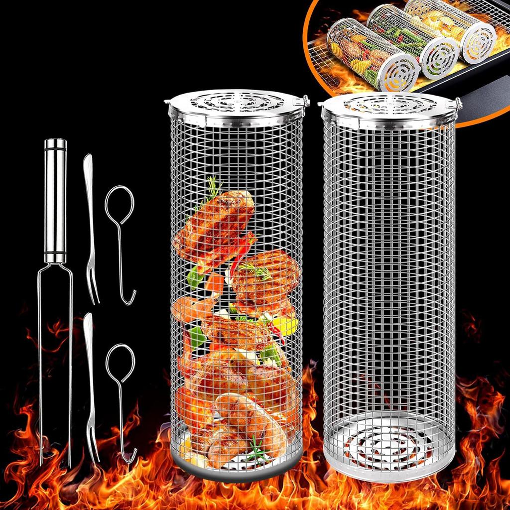 Роликовая корзина для гриля, корзина для гриля, большие круглые корзины для барбекю из нержавеющей стали 304, сетка для барбекю на открытом воздухе для кемпинга, овощей, рыбы, овощей