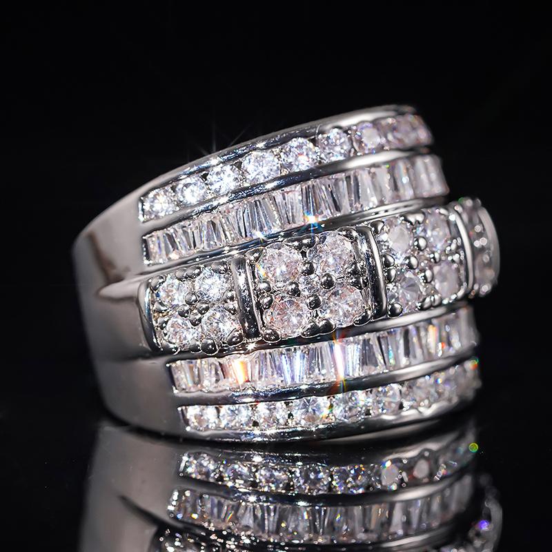 Huitan Silver Color Wide Ring for Women Inlaid Bright Cubic Zirconia Wedding Party Engagement Luxury Trendy Accessories Jewelry