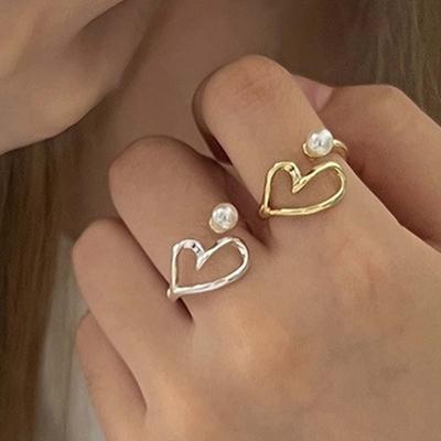 Кольцо с полым жемчугом в форме сердца для женщин, регулируемое кольцо на указательный палец, помолвочные украшения, женские аксессуары, подарки