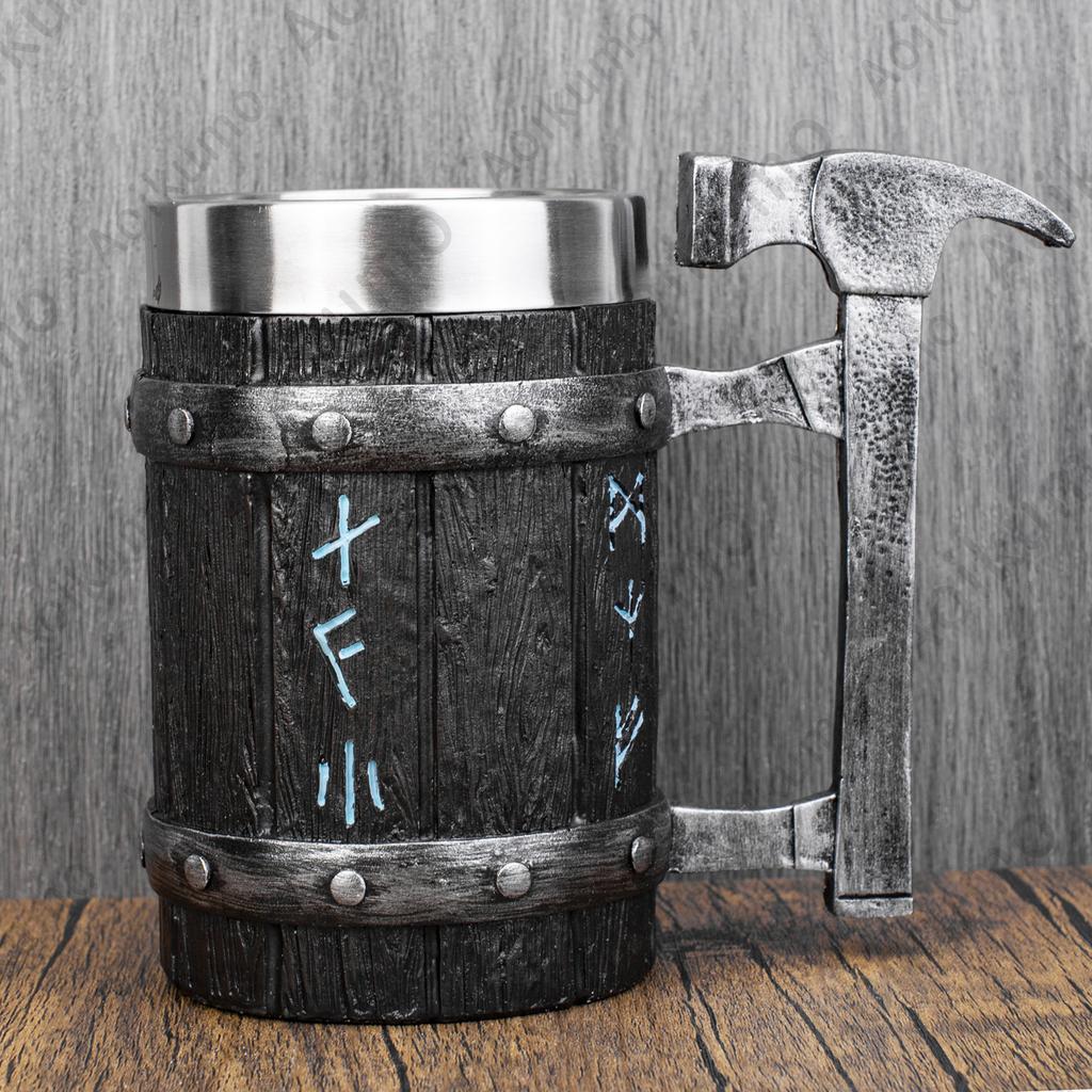Nordic Viking Rune Mug Tankard Stainless Steel Wooden Resin 3D Norse Decor Coffee Cool Gothic Beer Tankard Stein Cup Mugs 600ml