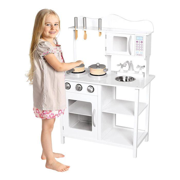 GINGER HOME – Кухня из дерева для детей с аксессуарами, дверцами и ручками, белая, 58,5×29,5×85 см