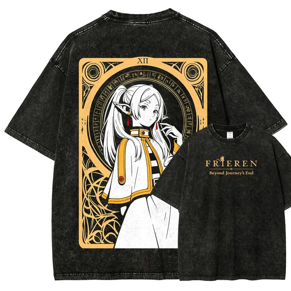 Футболка Фрирен Мужская Стиранная Оверсайз Хлопок Аниме Повседневная С коротким рукавом Удобная Мягкая Одежда Свободная Высокое Качество Женская Мужская Футболка