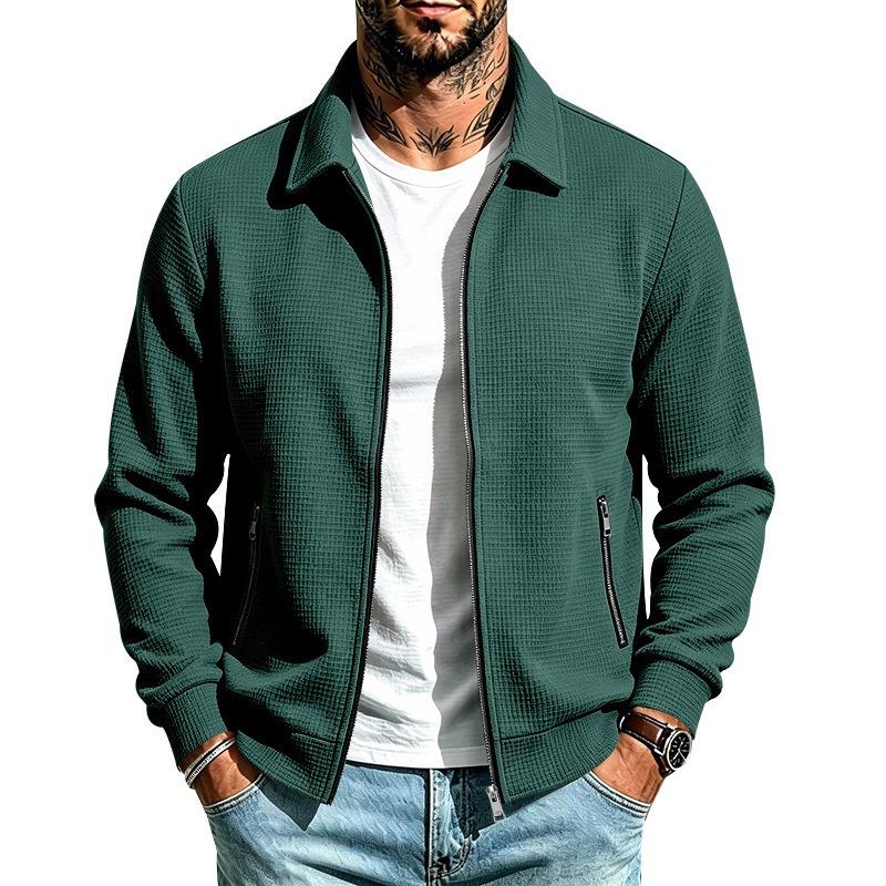 Men S Loose Fit Lapel Zip Pocket Waffle Knit Jacket
