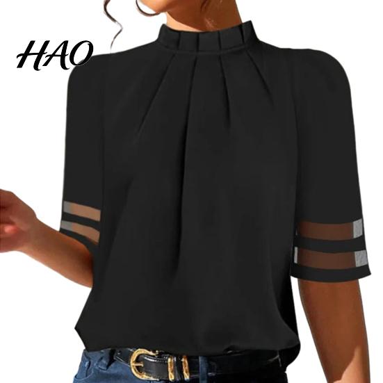 Women Solid Color Top Pullover Tops High Collar Mesh Stitching Pleated Loose Fit Half Sleeve Casual Office Lady Blouse Simple Appearance
