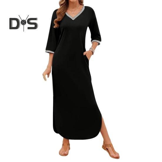 Women Maxi Dress with Side Pockets V Neck 3/4 Sleeves Loose Slit Hem Solid Color Patchwork Solid Color Loose Pullover Beach Dress