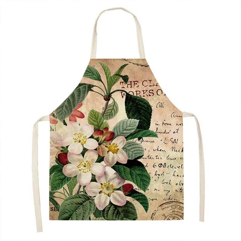 1pc Sunflower Floral Pattern Linen Apron Dinner Bib Kitchen Cooking Baking Apron Anti-Stain Cleaning Tool Unisex