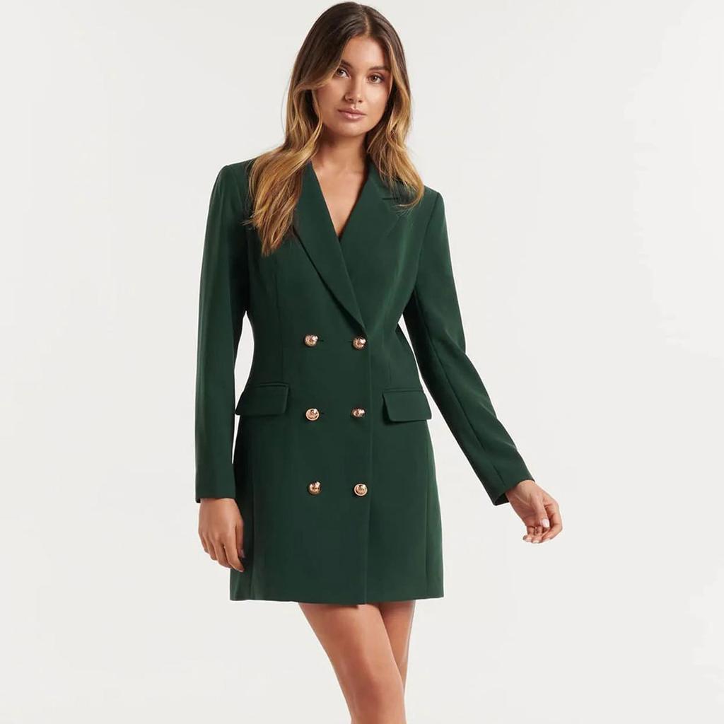 GMXIA Autumn Winter Slim OL Solid Color Casual Double Breasted Mid-length Suit Jacket Dress Blazers for Women