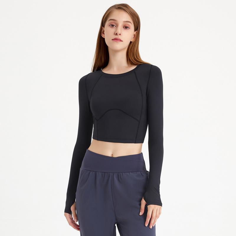 Осенний женский укороченный топ для йоги из какао-сетки с длинными рукавами