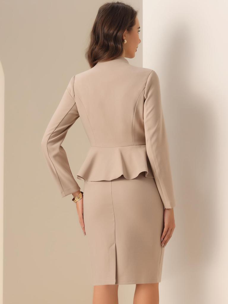 Деловой костюм Allegra K, Блейзер и юбка-карандаш, Длинные рукава, Без воротника, Однотонный, Баска, Комплект из 2 предметов, Женский, Хаки, Размер L