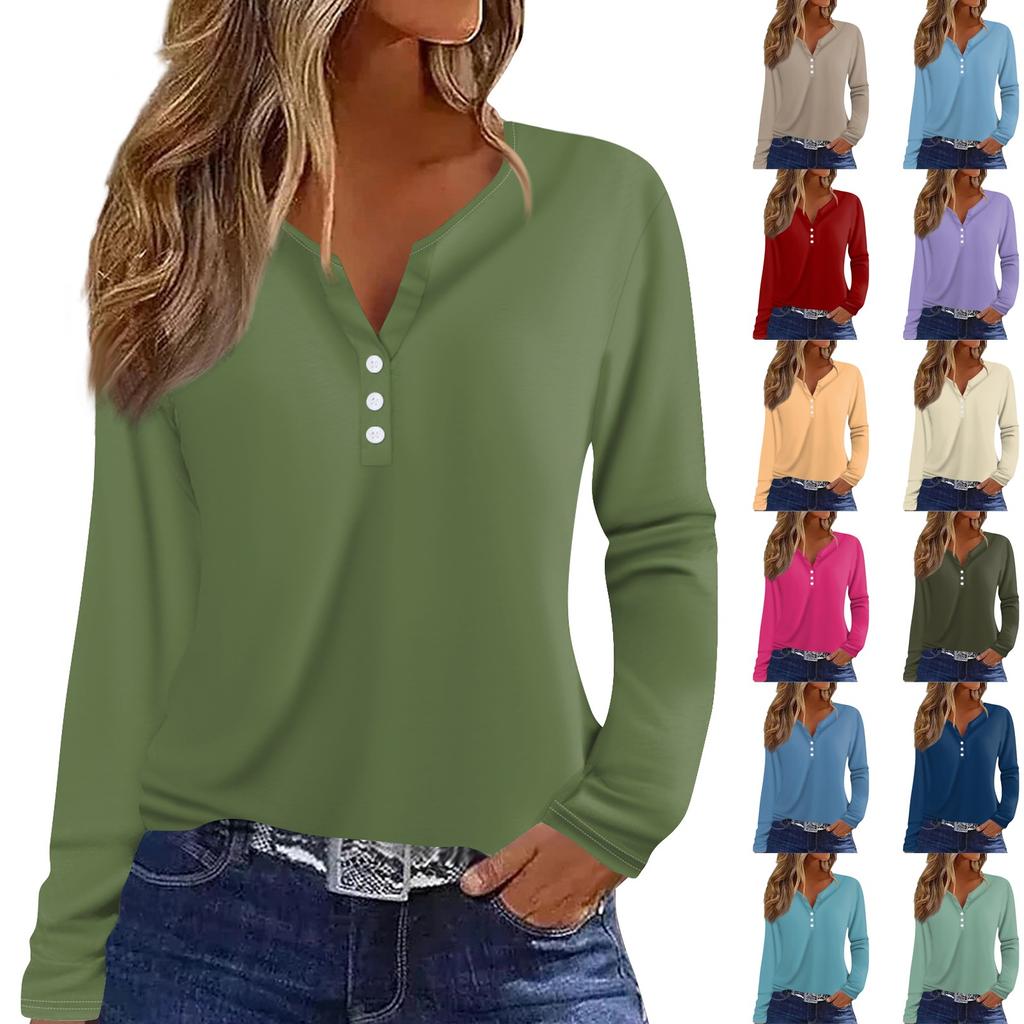 Women's T Shirt Tee Button Long Sleeve Daily Weekend Fashion Basic V- Neck Regular Top