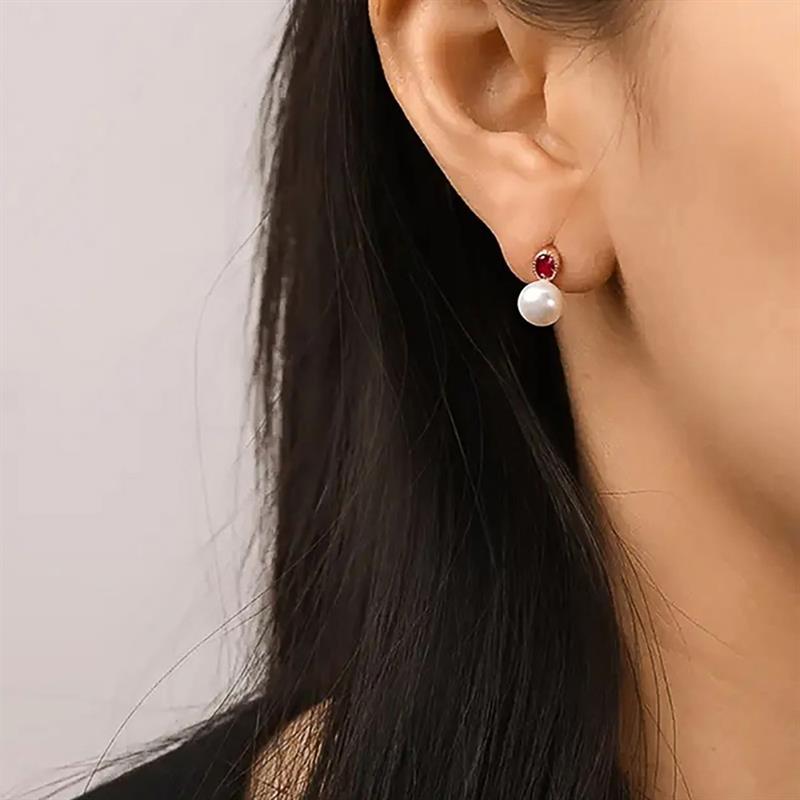 Huitan Noble Imitation Pearl Stud Earrings for Women Gold Color Wedding Engagement Gentle Accessories Chic Jewelry Inlaid Red CZGood product