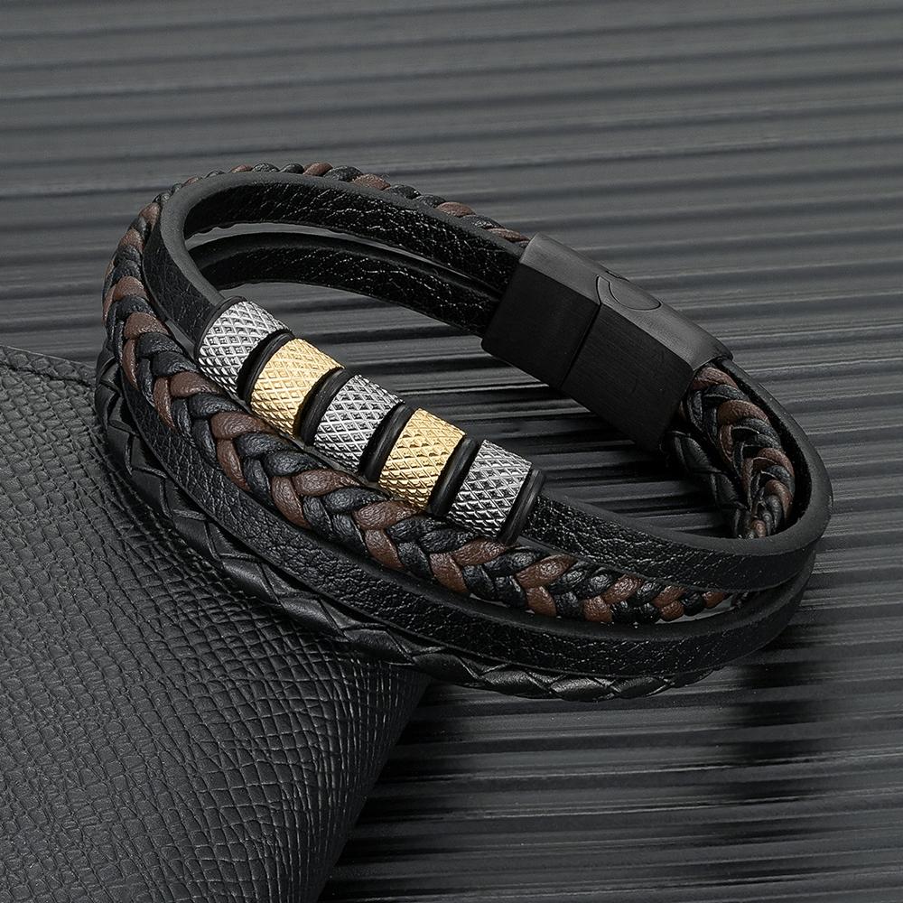 Stainless Steel Beaded Bracelet Punk Men's Classic Multilayer Braided Leather Bracelet Black Buckle Homme Pulseras