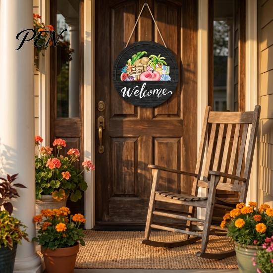 Outdoor Welcome Sign For Porch Interchangeable Seasonal for Front Door, 12 Inch Round Wood Hanging Festive Holiday Door Hanger with 15/16 Ornaments