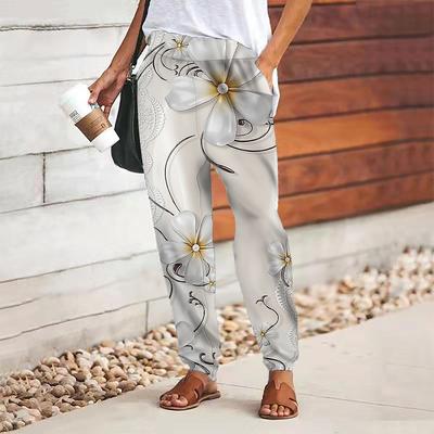 Женские брюки с цветочным принтом на шнуровке, с эластичной талией, свободные брюки, повседневные длинные брюки, брюки с карманами