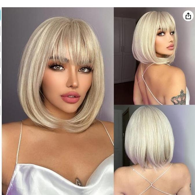 Light Blonde Synthetic Wigs with Bangs Short Straight Bob Hair Wig for Women Cosplay Daily Natural Hair Heat Resistant Fibre Wig