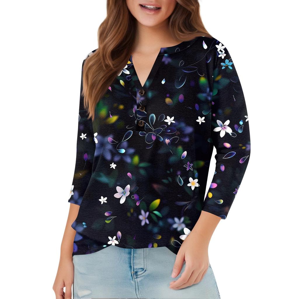 Женский модный повседневный пуловер с рукавом 3/4, принтом на пуговицах и V-образным вырезом