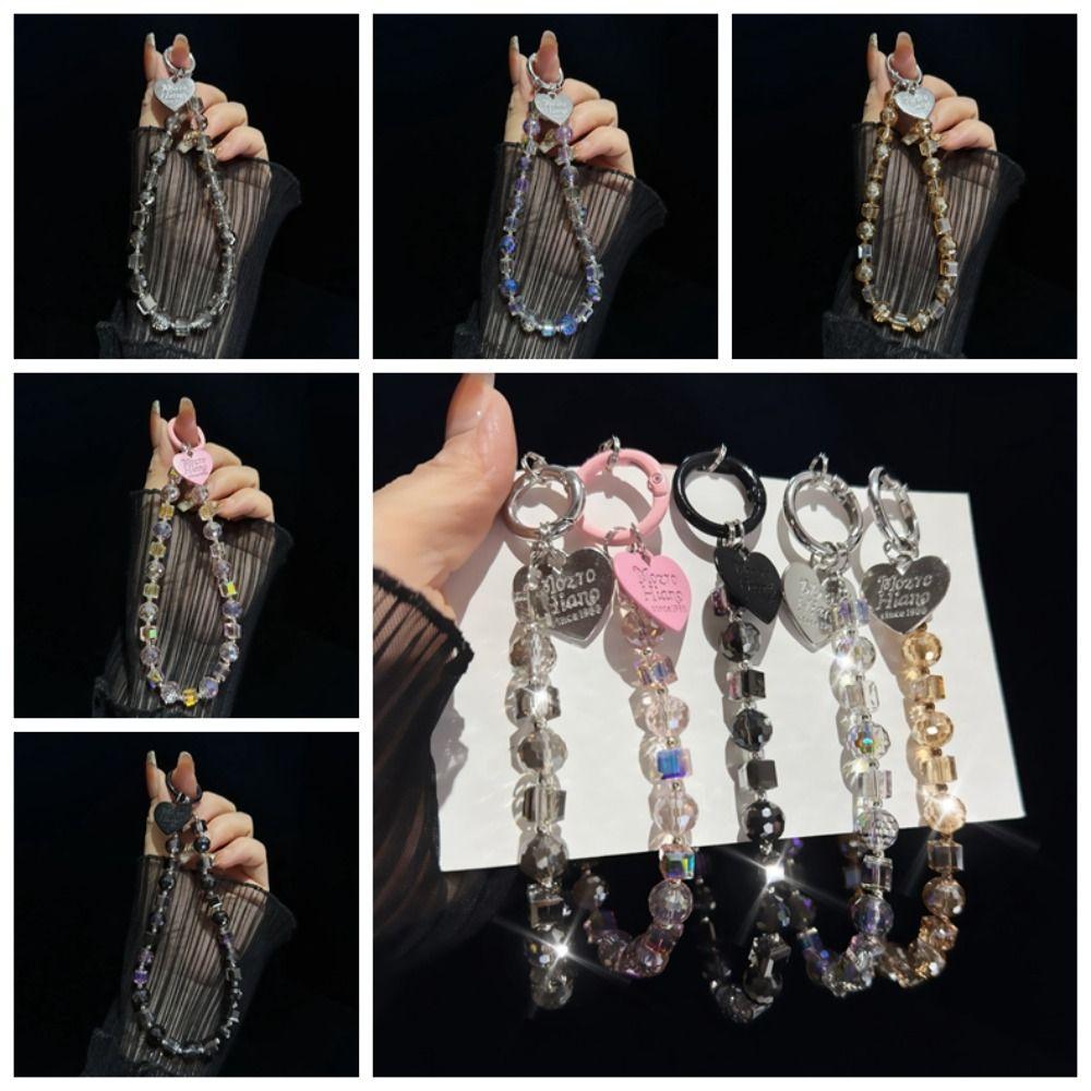 Sweet With Clip Crystal Beads Phone Chain Anti-lost Heart Mobile Phone Lanyard Jewelry Short Love Phone Pendant Female Lady Girl