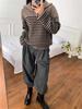 Women's French Retro Striped Half-Zip Knit Sweater - High Neck, Loose Fit for Autumn/Winter