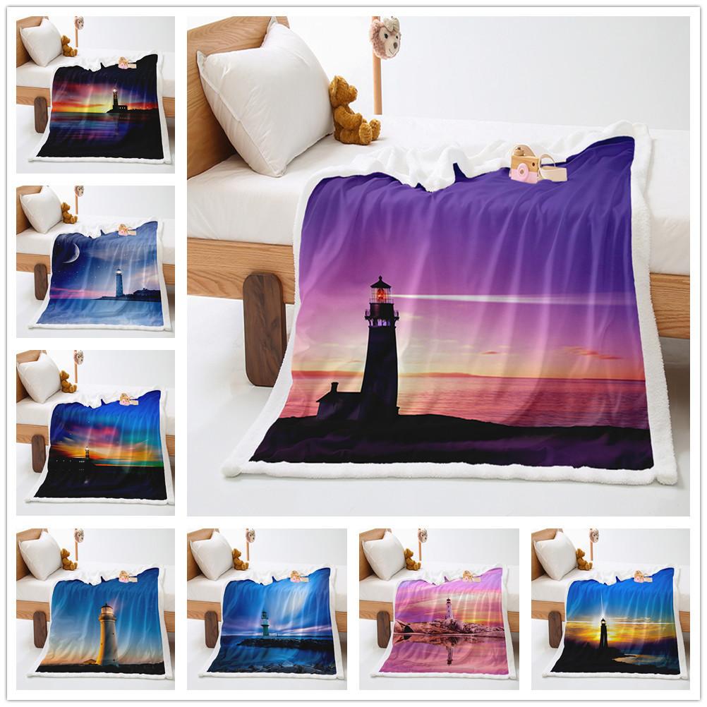 Lighthouse Landscape 2D Digital Printing Thickened Lamb Fleece Crystal Fleece Blanket