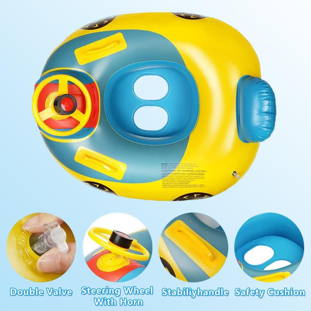 Children's Inflatable Swimming RingCute Car  Seat Toddler   Float Seat Boat with Steering Wheel Horn and Handles, Pool Toy for Girls Boys 1-5 Years