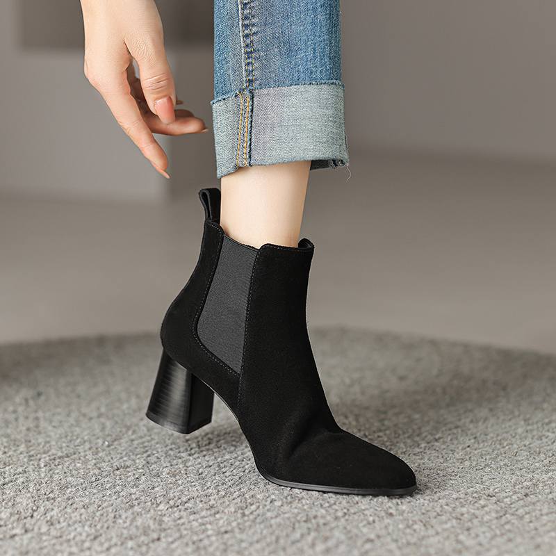 Krazing Pot Cow Suede Winter Round Toe Thick High Heels Modern Boots Women Slip On Office Lady Big Size 42 Ankle Boots