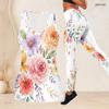 Women Plus Size Two Piece Set White Floral Printed Scoop Neck Sleeveless Tank Top Fitted Pants