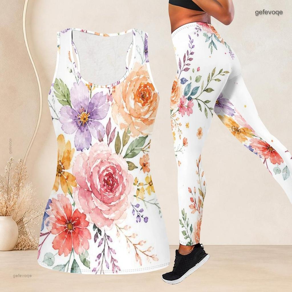 Women Plus Size Two Piece Set White Floral Printed Scoop Neck Sleeveless Tank Top Fitted Pants