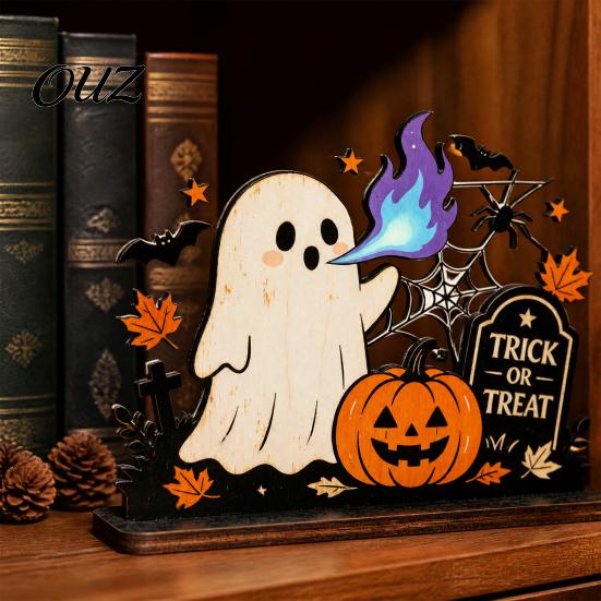 Small Halloween Statue for Table Ghost Ornaments with Pumpkin Tombstone and Bat Elements, Wooden Indoor Seasonal Holiday Decorations Tabletop