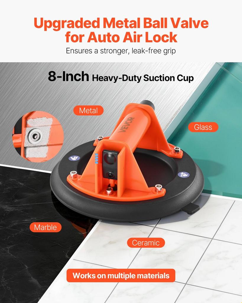 Vacuum Suction Cup, 203 mm Vacuum Glass Lifter with ABS Handle, 180 kg Max Lifting Capacity Tile Suction Cup Tool with Carrying Case for Lifting Large