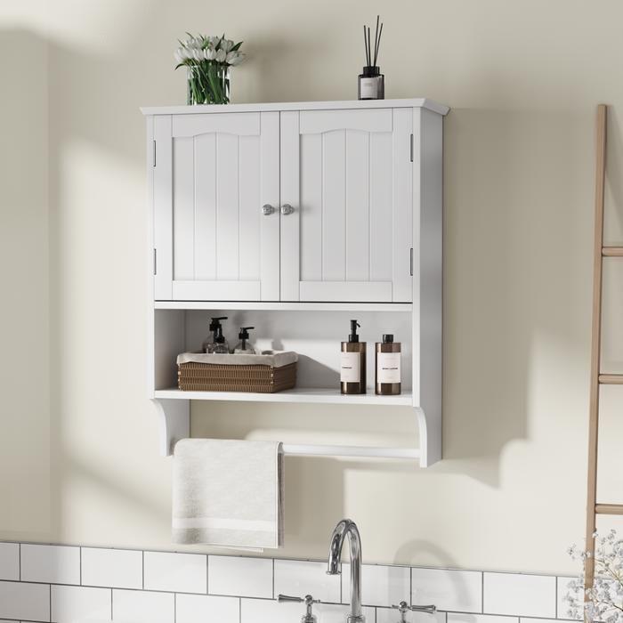 Armoire de toilette - MUVOE - Blanche - 2 étagères réglables - Porte-serviettes mural - MDF durable