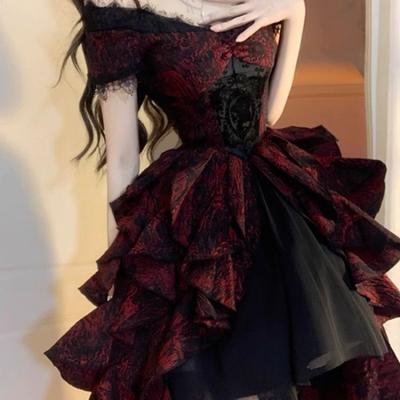Готическое Лолита Черное Красное Волнистое Платье Весна Лето Косплей Платье Принцессы