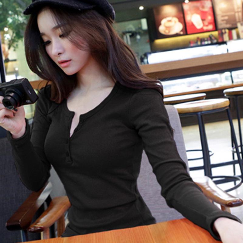 2024 Autumn Slim Solid Color Long-Sleeve Women's Korean T-Shirt
