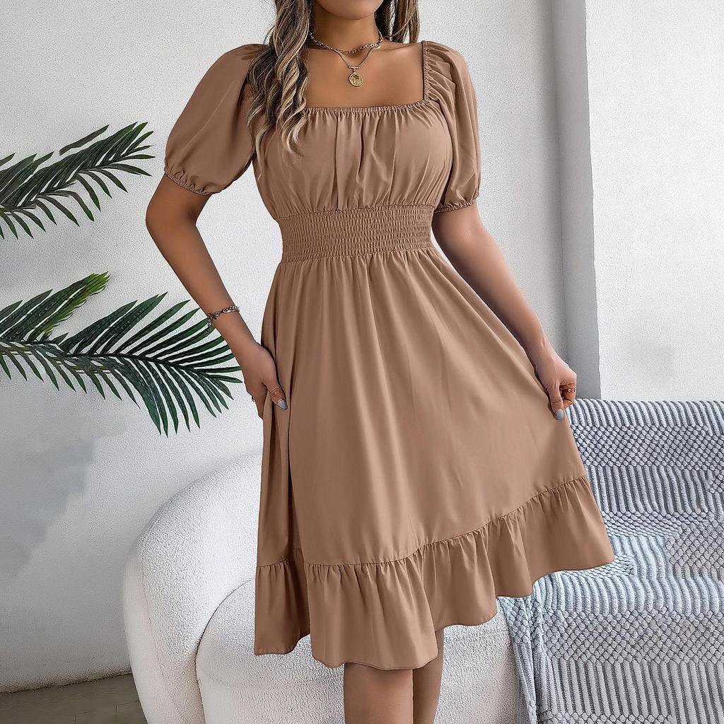 Женское осенне-зимнее темпераментное однотонное плиссированное платье с высокой талией и короткими рукавами на шнуровке