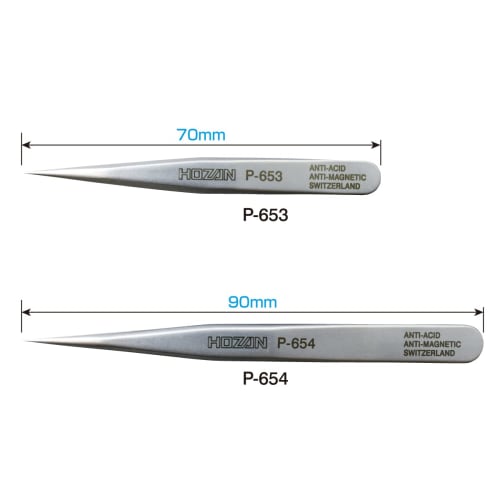 HOZAN Precision Tweezers, Fully Non-Magnetic, 70mm Long, 6mm Opening, 0.2mm Tip Width, Short Type, P-653