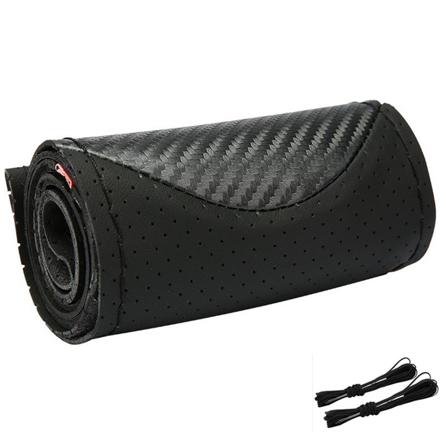 38CM Deluxe Black Carbon Fiber & Leather Car Steering Wheel Cover Trim Universal