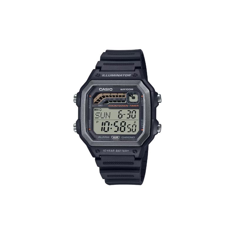 Casio Водонепроницаемые до 100 метров модные кварцевые мужские часы с полимерным ремешком, черный циферблат WS-1600H-1A