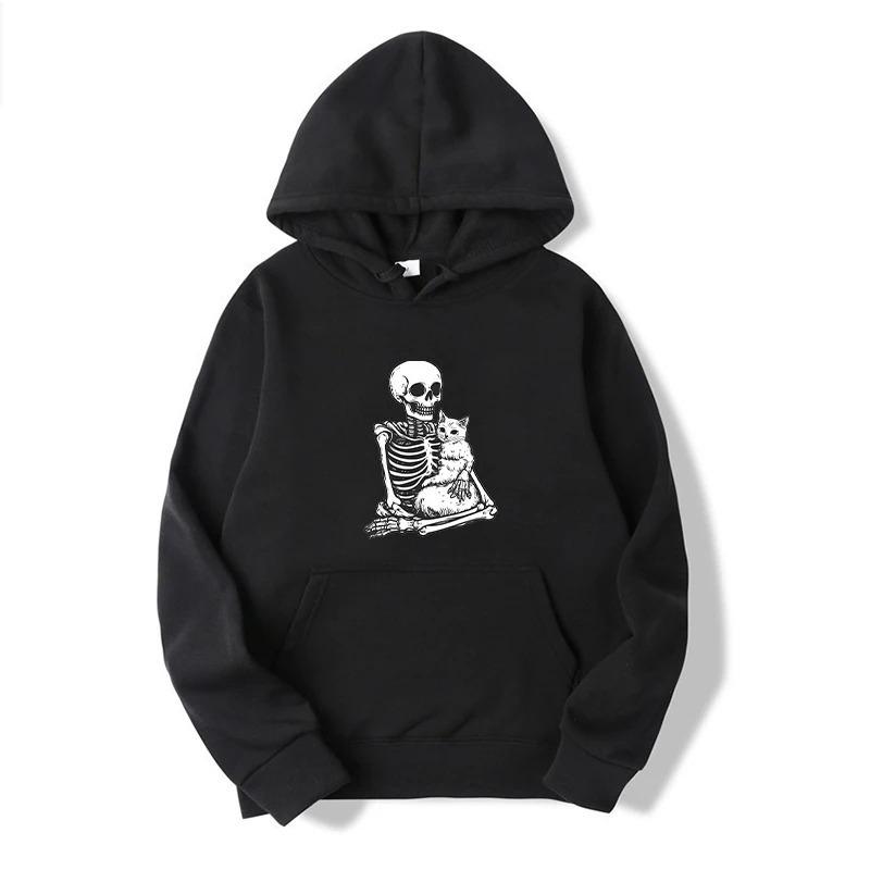 Skeletons and Cats Men Fashion Hoodies Men Women Hooded Sweatshirts Casual Pullovers Autumn Boys Girls Black Hoodie