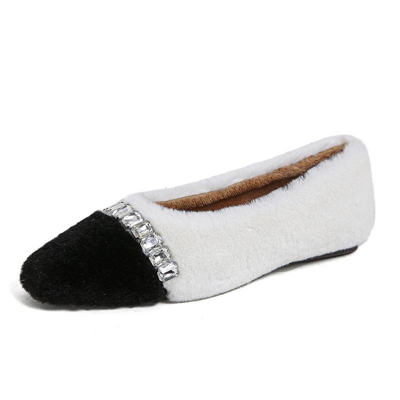 Rhinestone Beading Fur Flats Shoes Women Mixed Color Cozy Winter Loafers Female Flat Heel Crystal Furry Moccasins Big Size 42