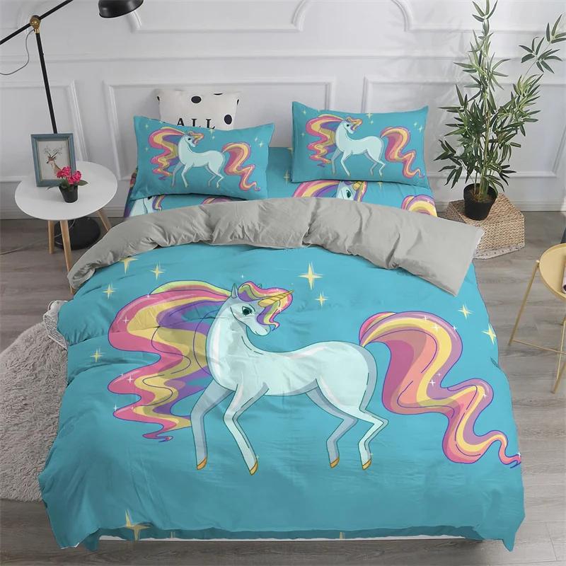Children Cute Unicorn Duvet Cover Cartoon Bedding Set Rainbow Stripes Animals Children Kids Girls Gifts for Bedroom Decorations