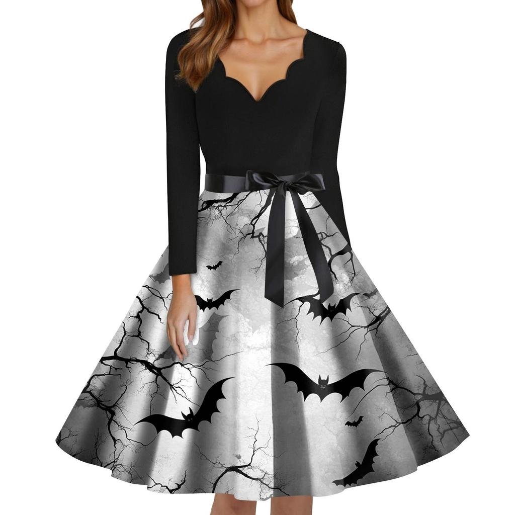 Women's Fashion V-Neck Casual Slim Fit Halloween Printed Long Sleeve Dress