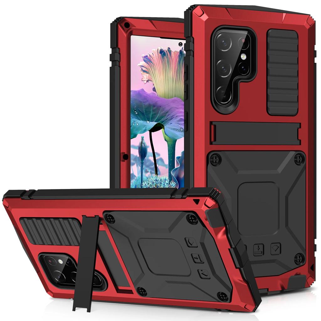 Rugged Armor Heavy Metal Case for Samsung S24 S23 S22 S21 Plus S20 Note 20 Ultra Aluminum Shockproof Cover Tempered Glass Stand