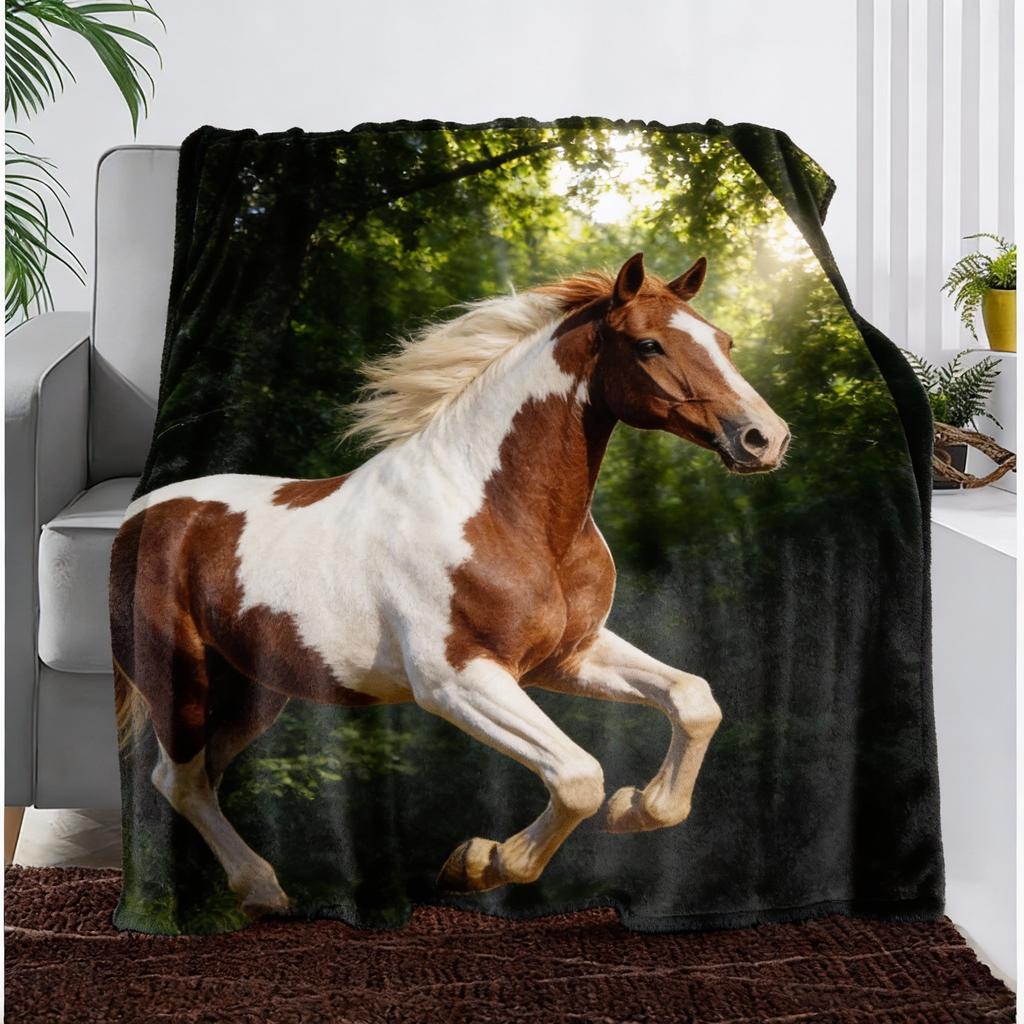 1pc Contemporary Horse Print Flannel Fleece Blanket, 100% Polyester, All Seasons, Tear Resistant, Digital Print, Animal Theme, K