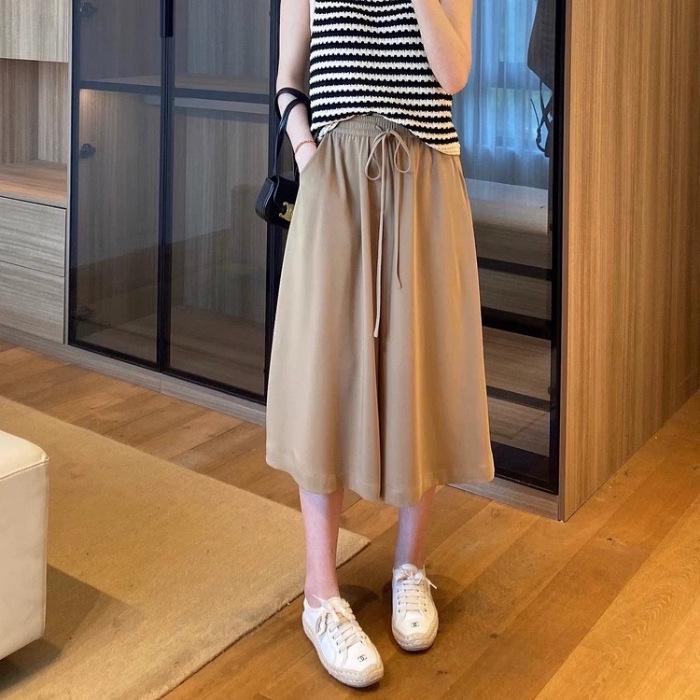 Женские широкие брюки из ледяного шелка с высокой талией — летние, утягивающие, в корейском стиле, свободный крой, подходят для фигуры типа «груша», юбка-брюки на завязках