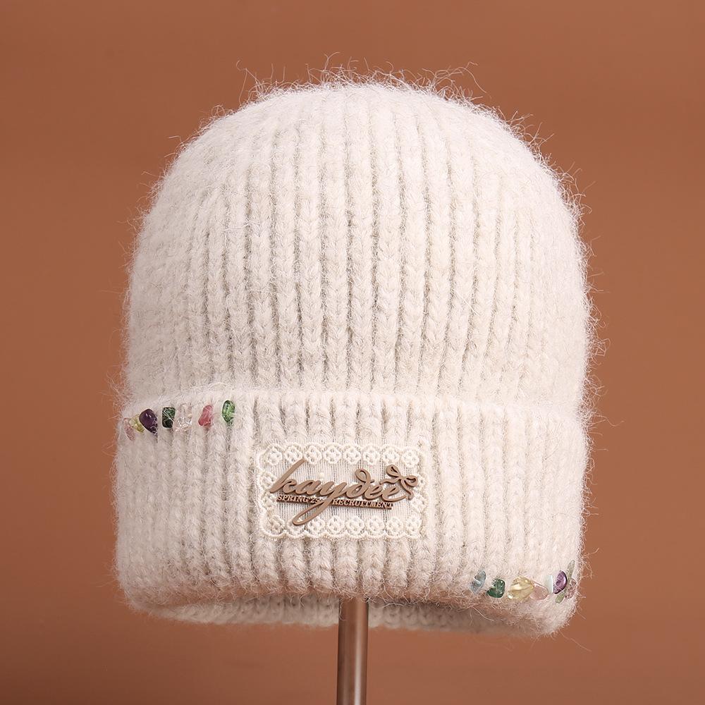 Stylish solid color simple warm colored stone embellished knitted hat outdoor travel versatile windproof casual wool hat